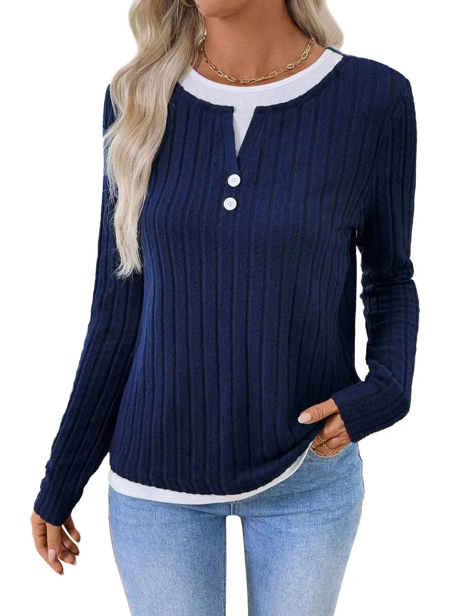 Women's black fake two-piece pullover sweater with round neck and long sleeves.