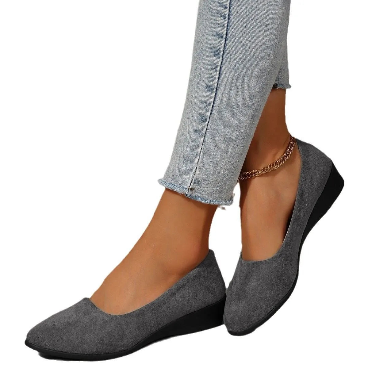 Women's pointed toe suede wedge pumps in light brown with a shallow mouth cut and low rubber sole.