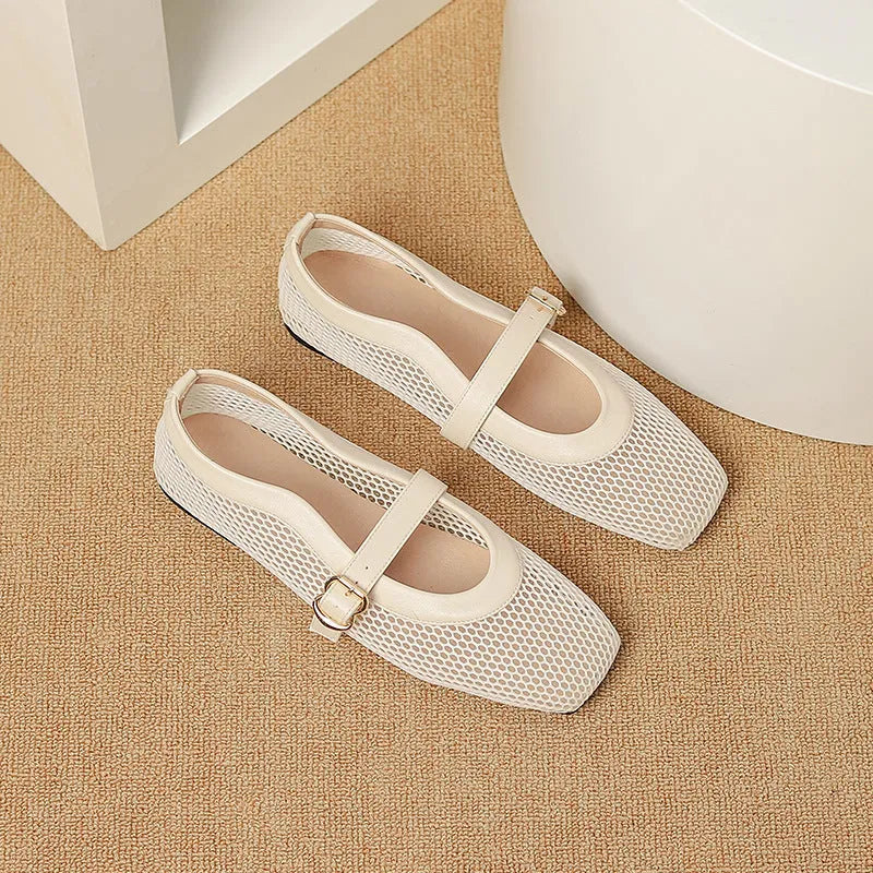 Women's breathable mesh hollow out pumps with buckle fastening and low flat heel