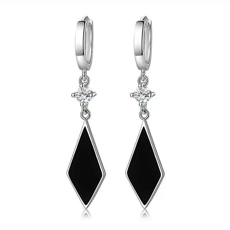 Silver geometric diamond clip-on earrings with vintage Japanese Korean design