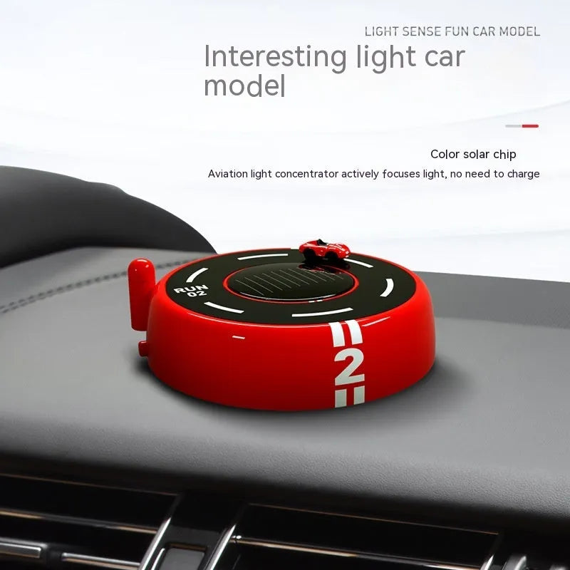 Round solar-powered car air freshener and decorative light in black, red or white modern design