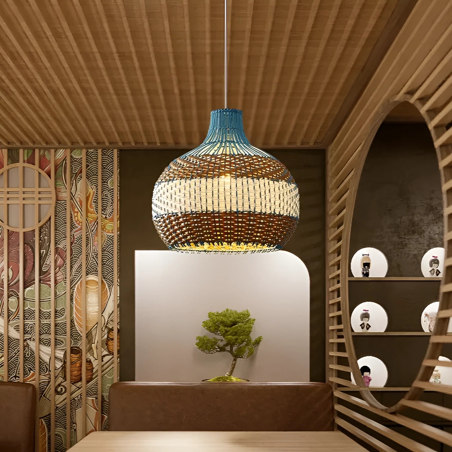 Vine woven rattan pendant lamp with natural weave pattern in Southeast Asian pastoral style
