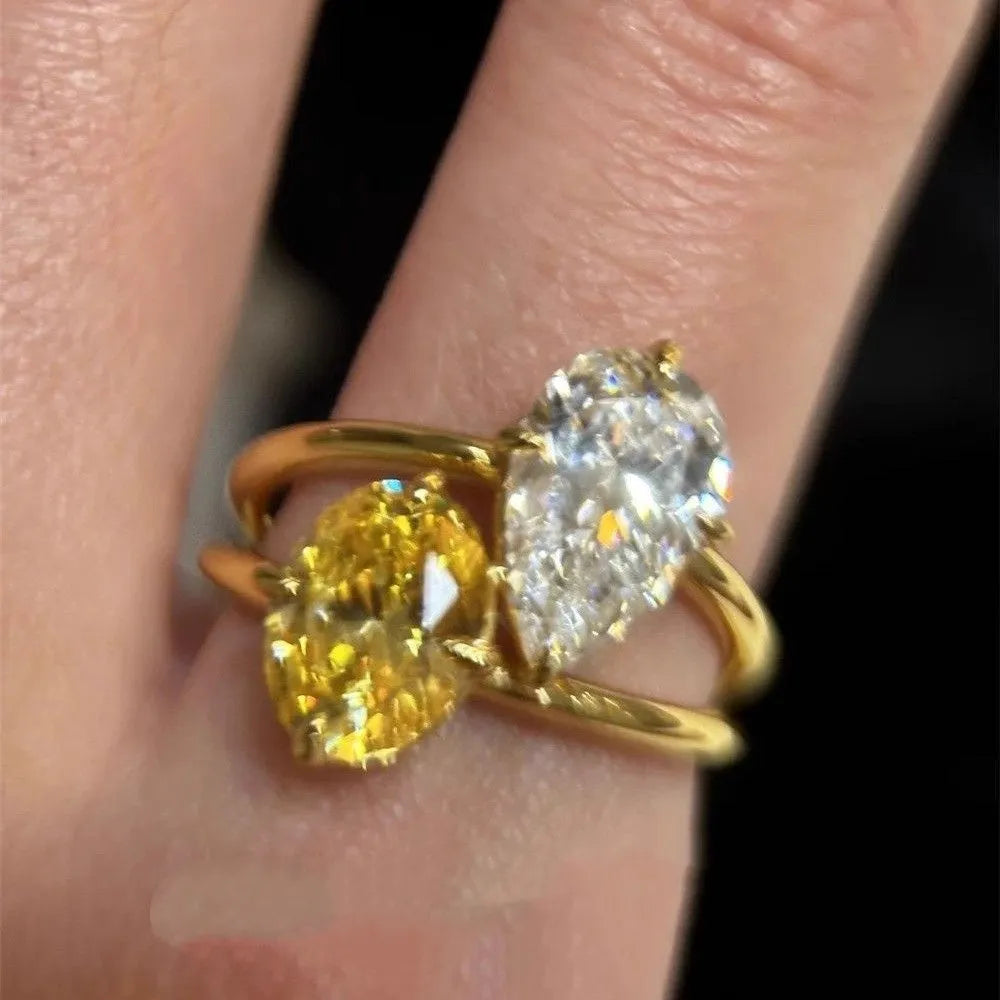 Women's geometric open ring with water drop double Sheng stone design in contrast colours on copper band