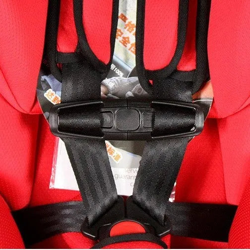 Black nylon child safety seat belt buckle clip measuring 14.5 by 4 centimetres