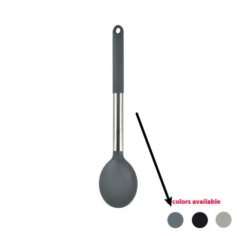 Black silicone 12-piece kitchen utensil set with rotating storage bucket including ladle, spatula, and food clip.