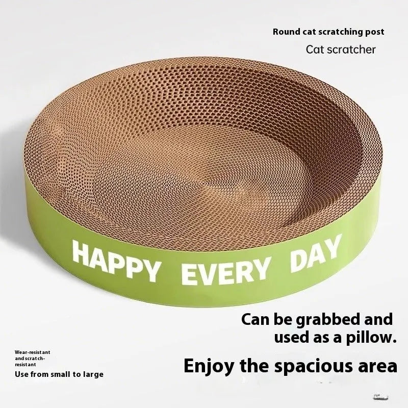 Green round cat nest with integrated sisal scratching surface, shown flat and assembled.