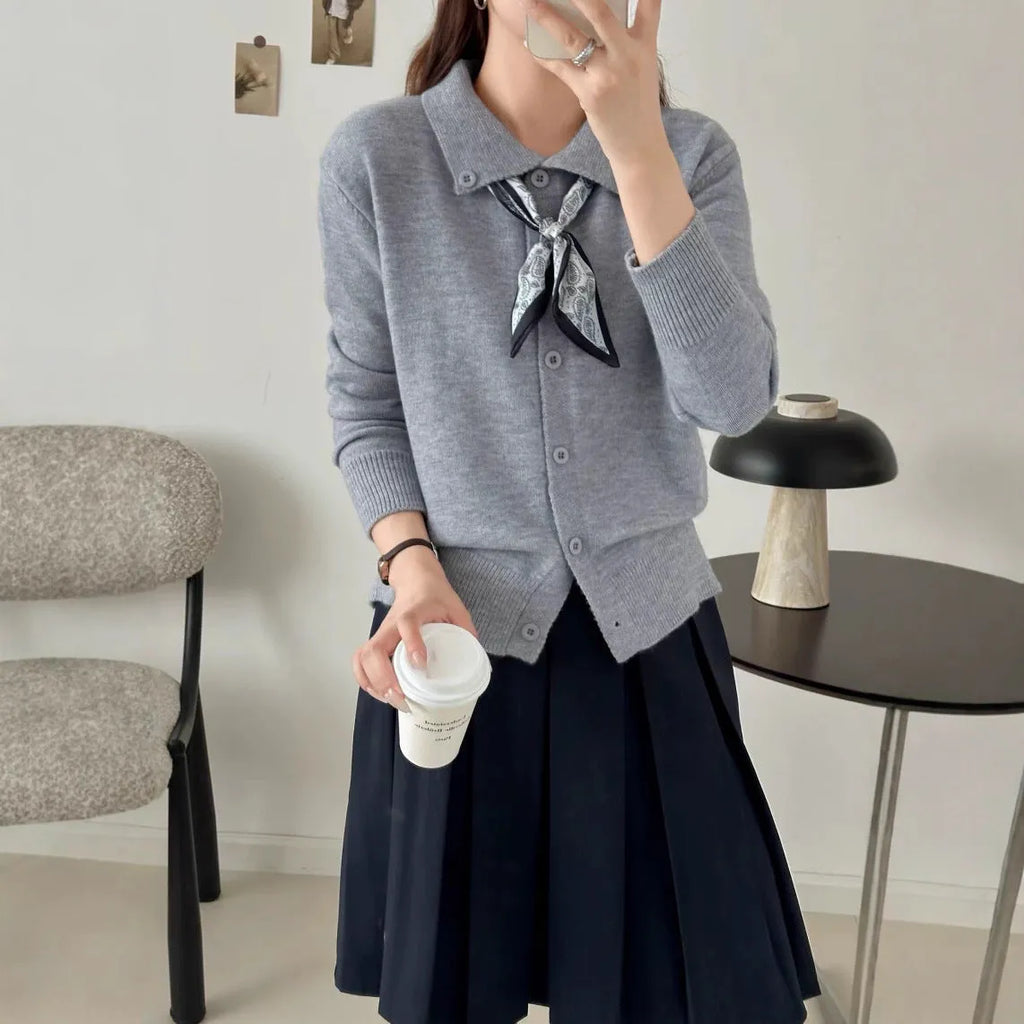 Beige cardigan sweater with lapel scarf collar and splicing design detail