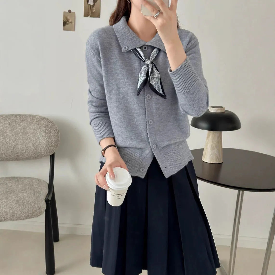 Beige cardigan sweater with lapel scarf collar and splicing design detail