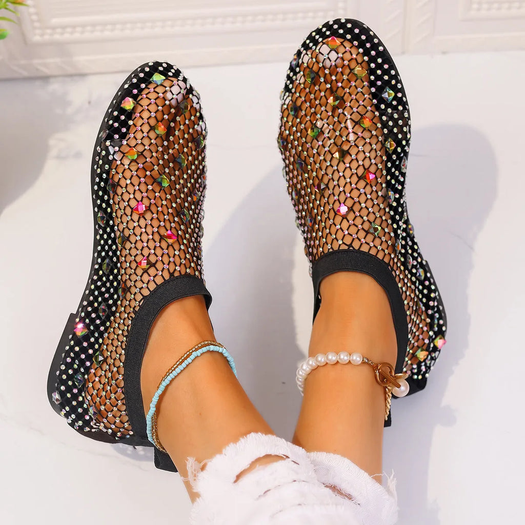 Women's colourful rhinestone mesh flat sandals with round toe and medium height upper