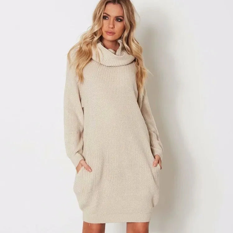 Women's lapel collar pullover sweater with side pockets in light apricot colour