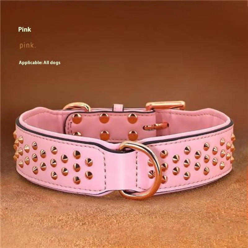 Chocolate coloured leather dog collar with metal rivets for anti-bite protection on a dog's neck.