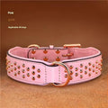 Chocolate coloured leather dog collar with metal rivets for anti-bite protection on a dog's neck.