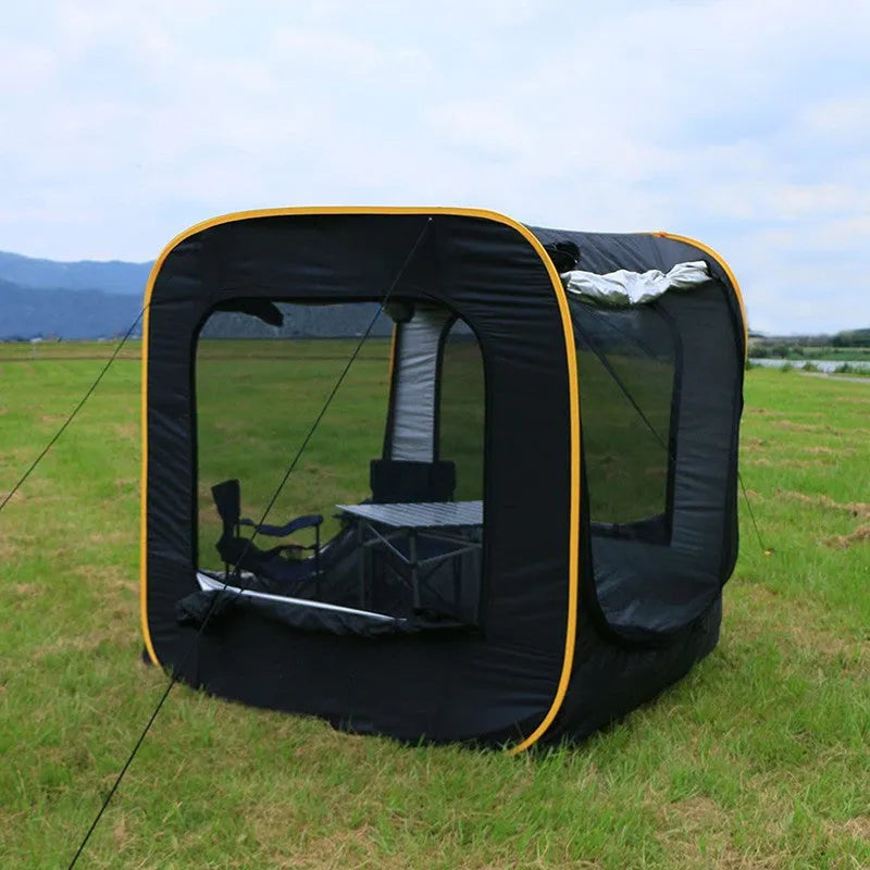 Black pop-up car tail tent with quick-throw setup and 200cm dimensions for 3-4 person camping