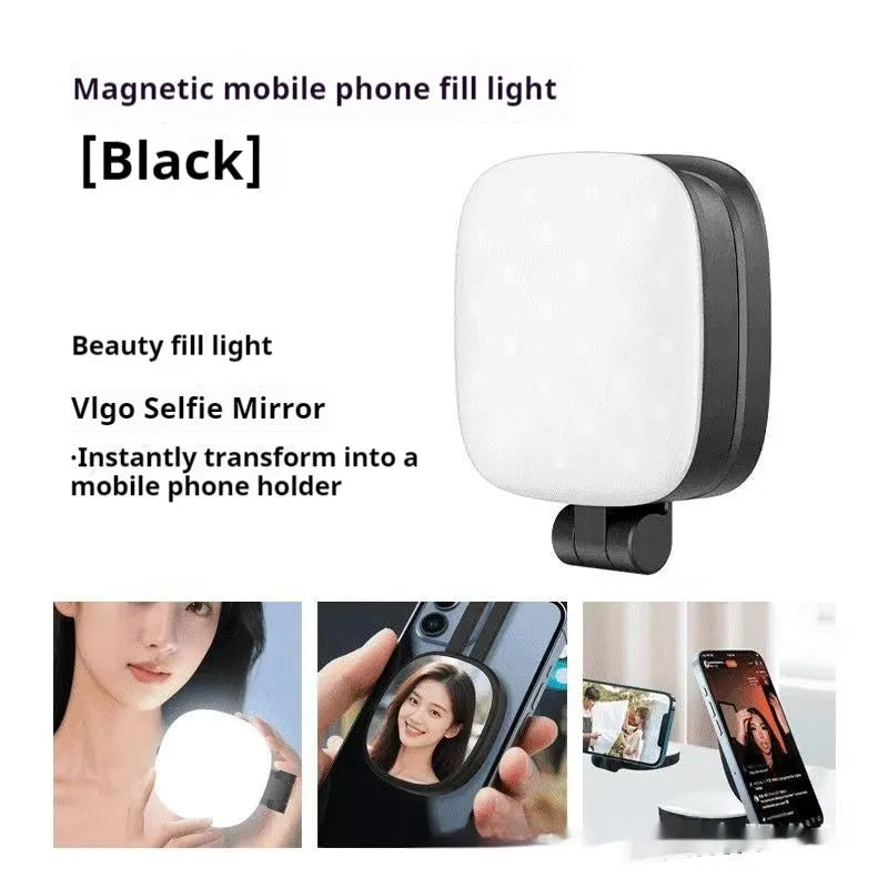 Black and white mobile phone selfie fill light with magnetic attachment and adjustable colour temperature settings