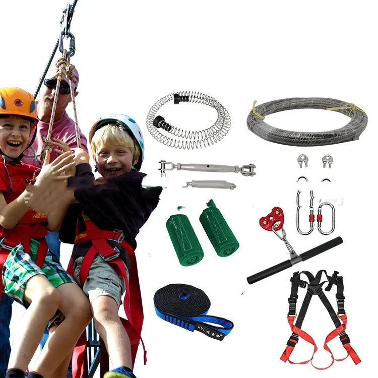 Ziptreck suit pulley slide rope with handle showing alloy steel pulleys and polyester rope