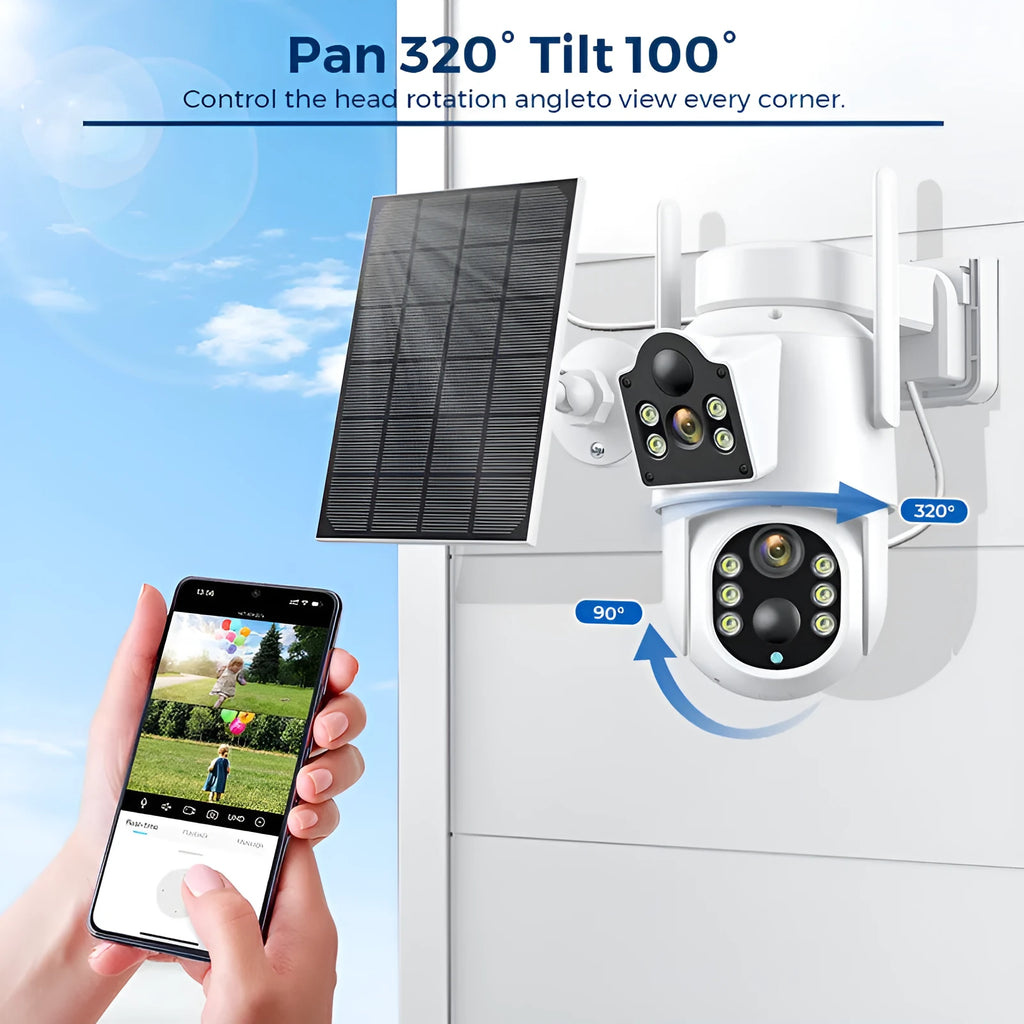Outdoor solar-powered wireless Wi-Fi security camera with solar panel in black and white or all-white finish