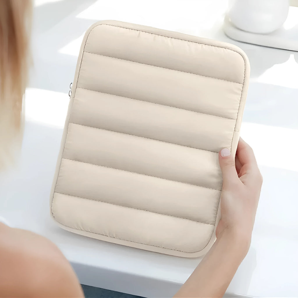 Puff bag laptop sleeve in black, khaki, or silver for 9.7 to 11 inch devices with elastic sides