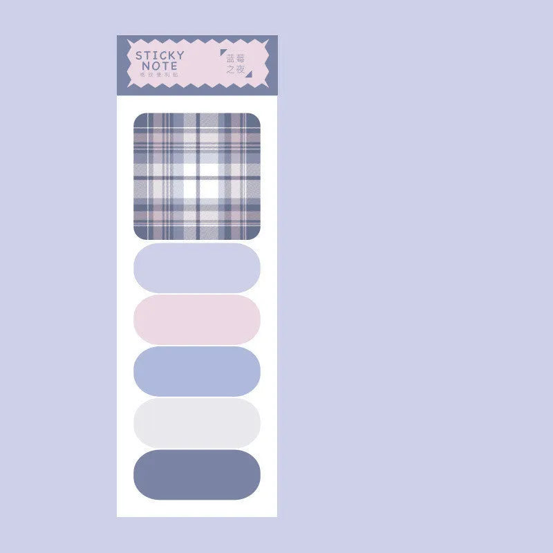 Colourful memo pad sticky notes set showing six plaid designs with 67mm x 200mm sheets