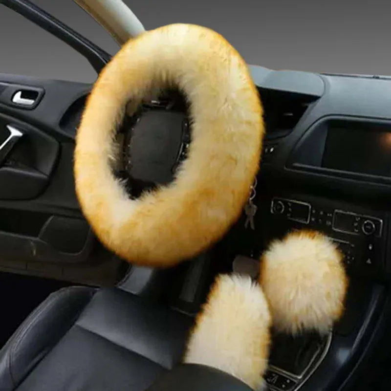 Wool and cashmere blend steering wheel cover and two matching handle covers set for 38cm diameter wheels.