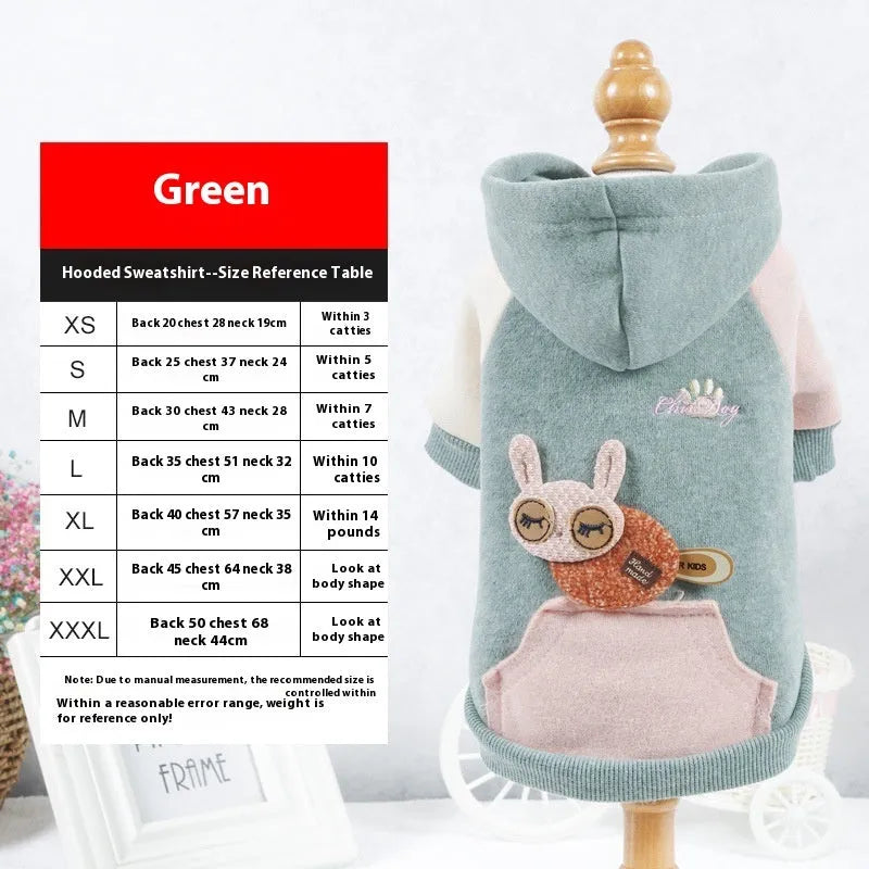 Cotton dog sweatshirt in brown, green or pink colours showing size range XS to 2XL