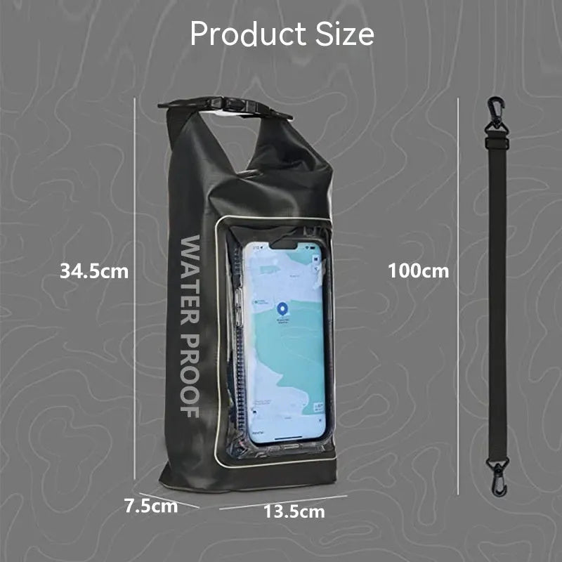 Army Green PVC waterproof crossbody bag with strap, shown in 2L and 5L sizes for swimming and beach use.