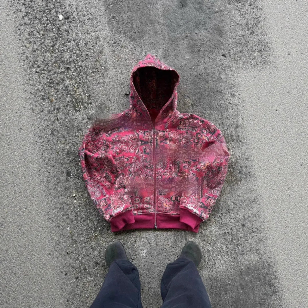 Red or blue digital print men's hooded zip coat with loose fit design and long sleeves