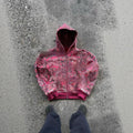 Red or blue digital print men's hooded zip coat with loose fit design and long sleeves