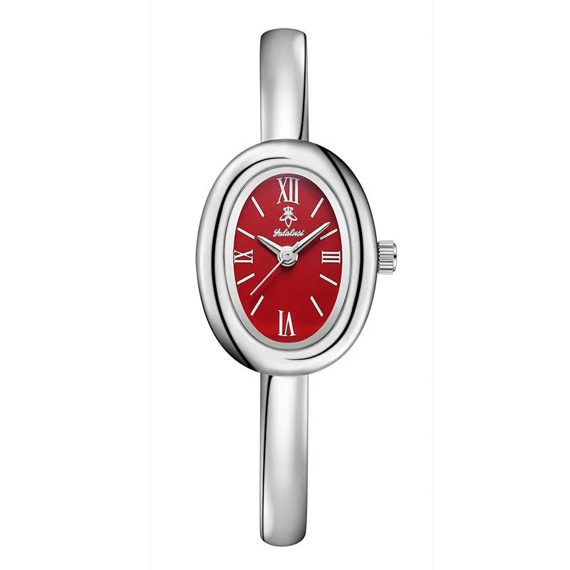 Women's oval retro quartz watch with 8mm thickness showing gold and silver colour options with spiral patterns