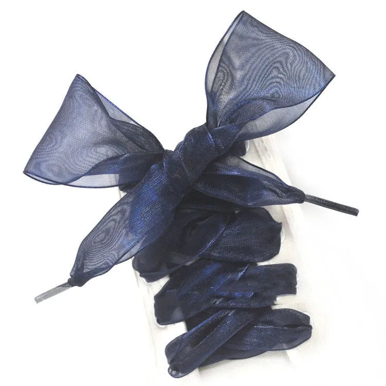 Wide 4cm transparent silk shoelaces in beige, black, and wine red colours, showing length.