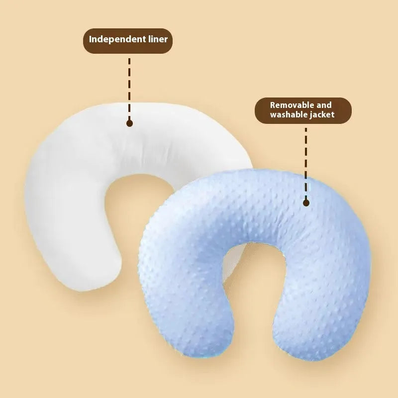 Nursing pillow with milk spill prevention feature in pink, yellow, grey, or light blue colours