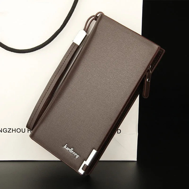 Men's black PU leather wallet with a long silver zipper, closed.