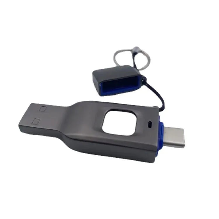 Black fingerprint encrypted USB flash drive showing USB 3.0 connector and Type-C interface with metal casing
