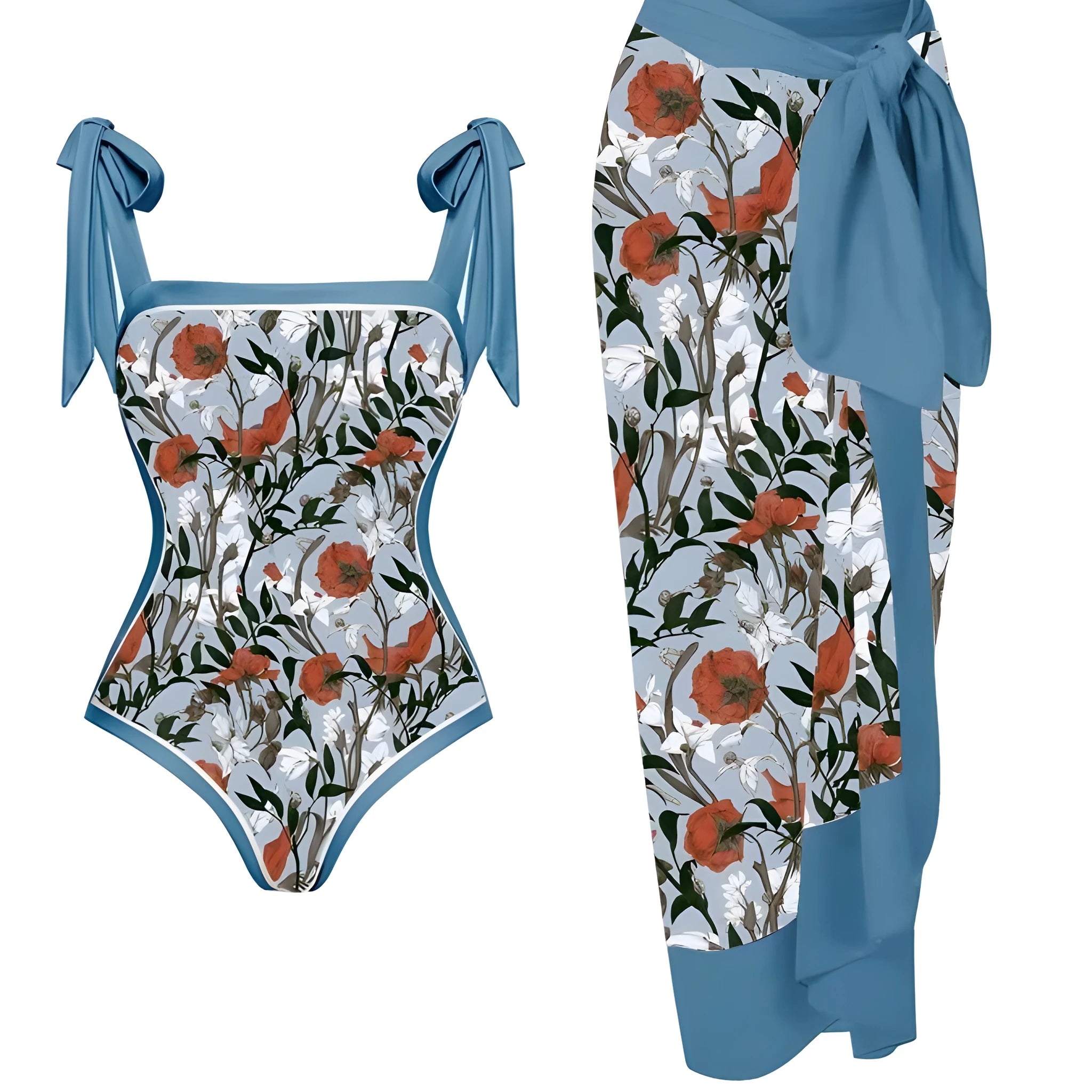 Women's printed floral two-piece swimsuit with a matching chiffon hip skirt.