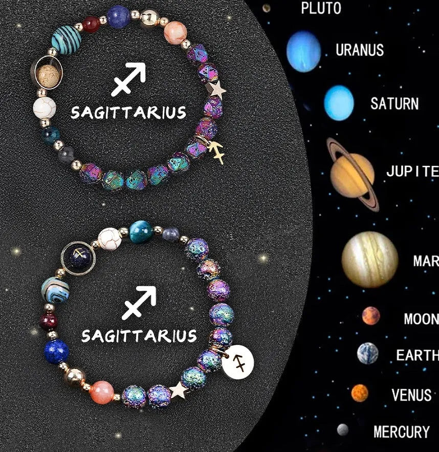 Two natural stone beaded bracelets laid out, each featuring designs for different zodiac signs.