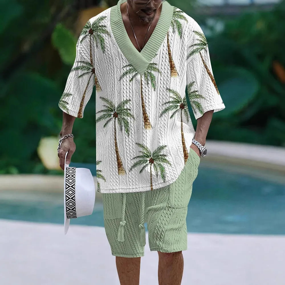 Men's loose-fit casual short sleeve suit and shorts set in a solid colour.
