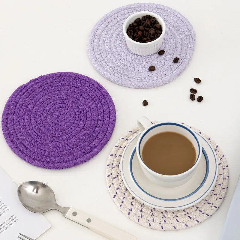 Three round cotton cord coaster placemats in chosen colour with 18cm diameter