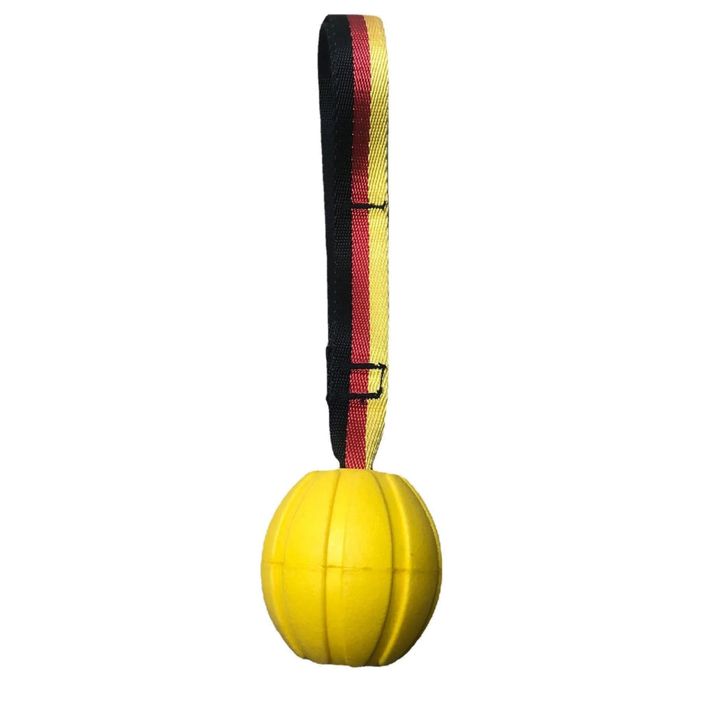 Floating camouflage and yellow EVA dog training balls with string tethers in three different sizes