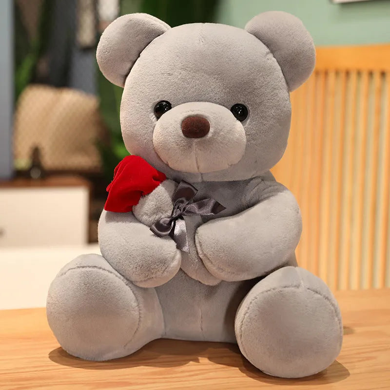 Rose bear plush stuffed animal doll in beige, brown or grey with cartoon design