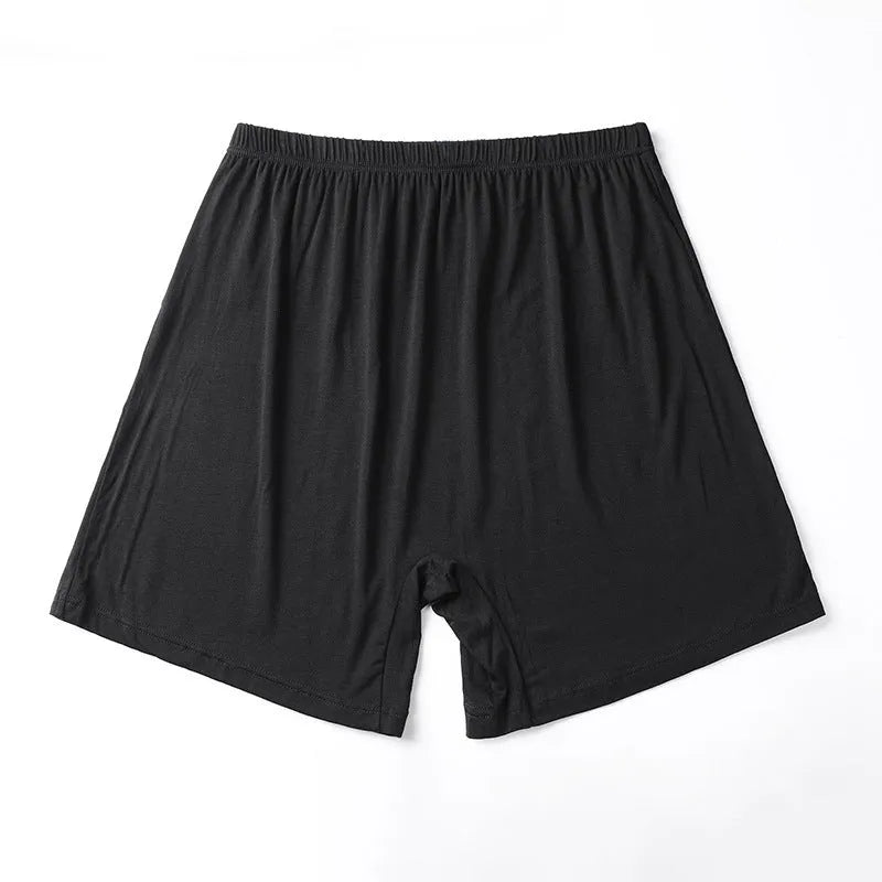 Men's solid colour modal boxer shorts with high waistband, shown in black, blue, gray, and brown.