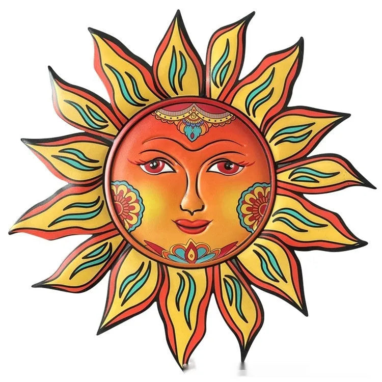 Iron sun face decorative wall hanging with detailed metal patterning in garden theme