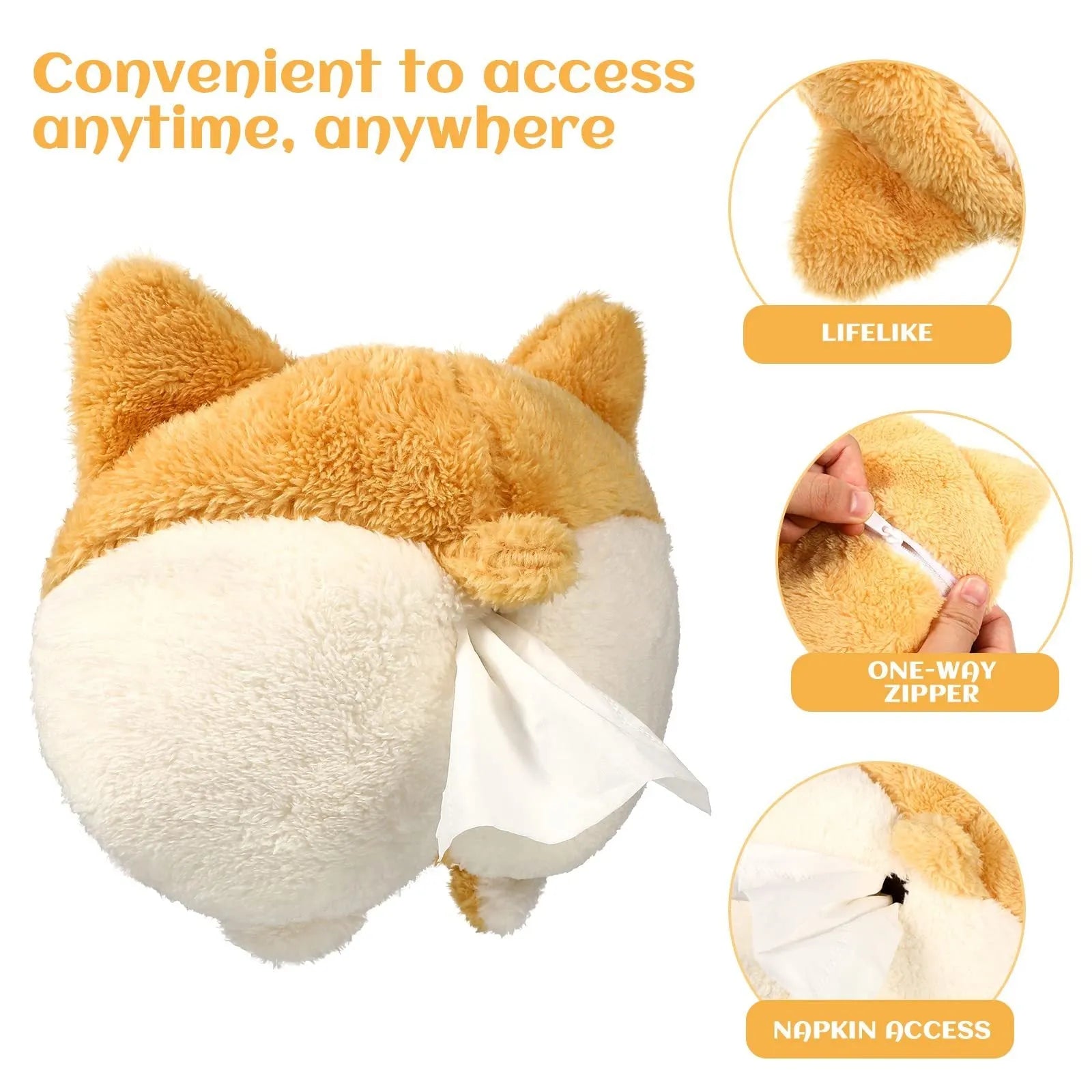 Yellow soft plush corgi butt shaped car tissue holder with elastic hanging straps.