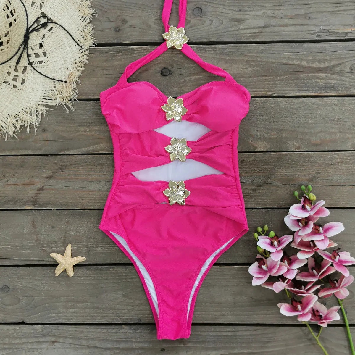 Women's solid colour one-piece swimsuit with matching short skirt, high-waisted design with hollow-out tube top
