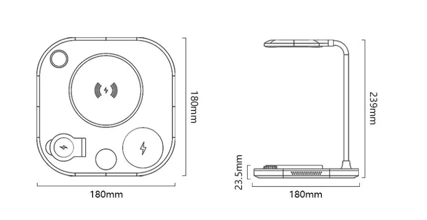 Black wireless charging desk lamp unit with smartphone charging on surface