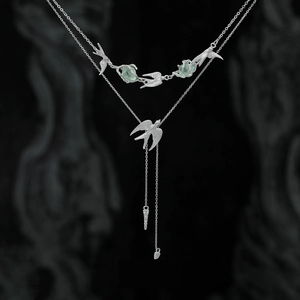 Flying bird fluorite pendant necklace in 925 silver with white gold finish on adjustable chain