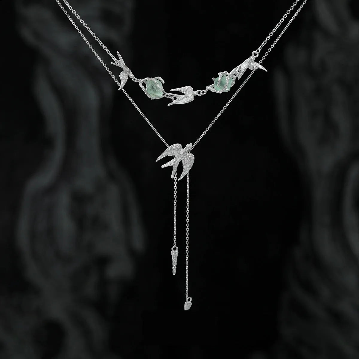 Flying bird fluorite pendant necklace in 925 silver with white gold finish on adjustable chain
