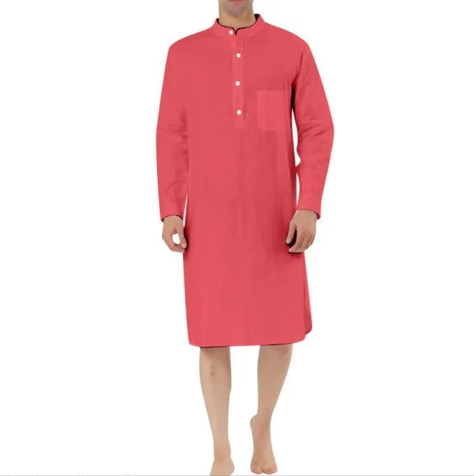 Men's simple cotton shirt robe with pocket available in white black and blue sizes S to XXL