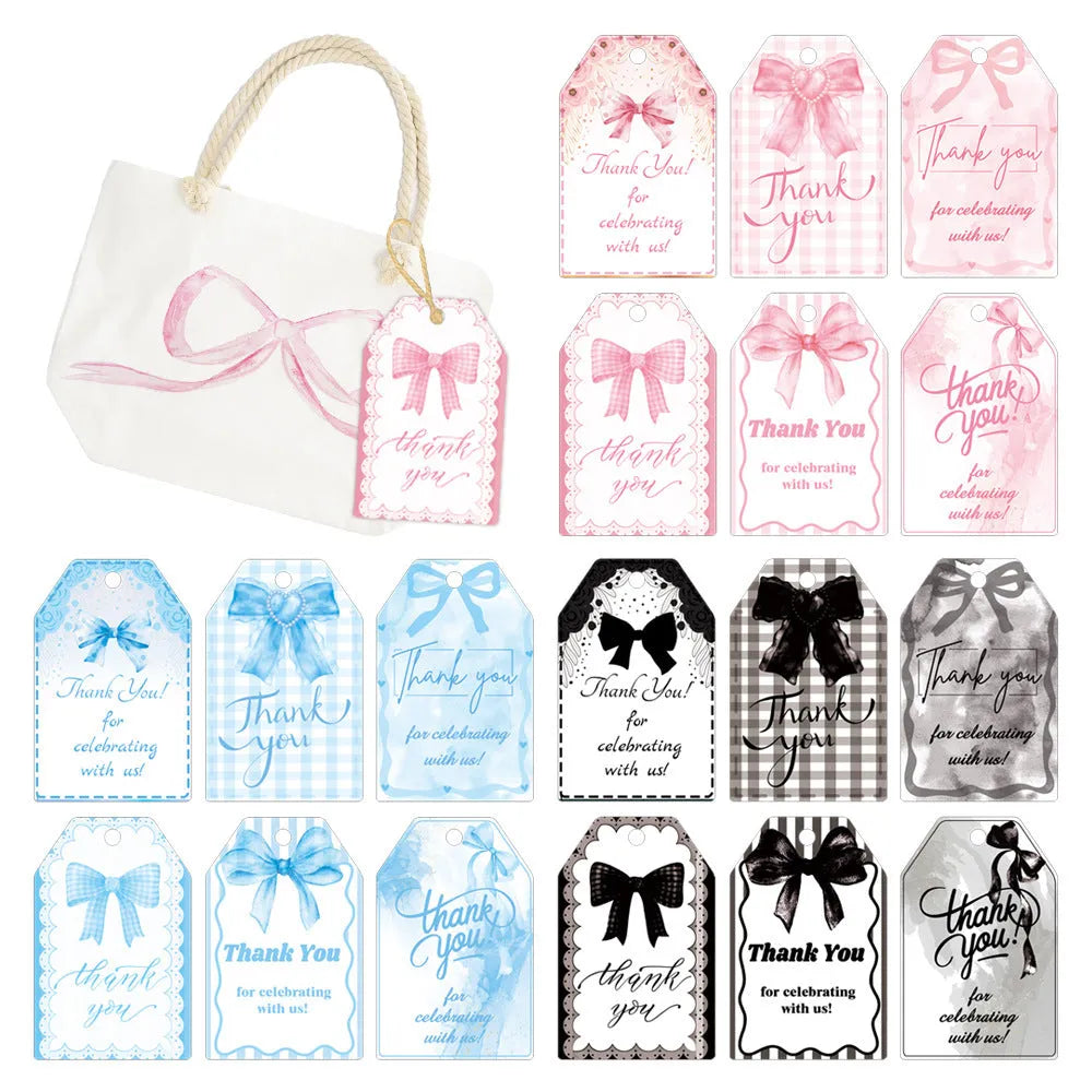 Three styles of creative bowknot paper gift tags with natural hemp rope for party decorations