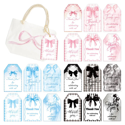 Three styles of creative bowknot paper gift tags with natural hemp rope for party decorations