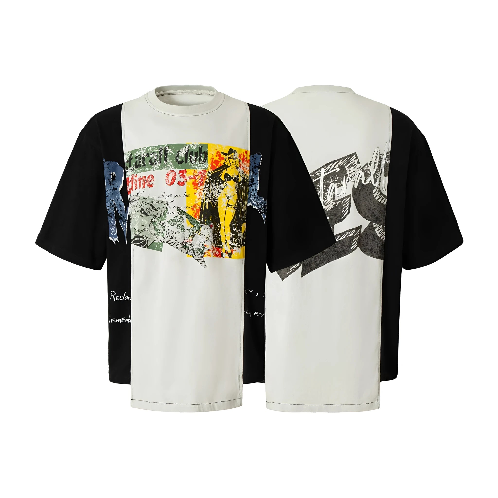 Black and white deconstruction print oversized t-shirt with stitching detail on cotton blend fabric