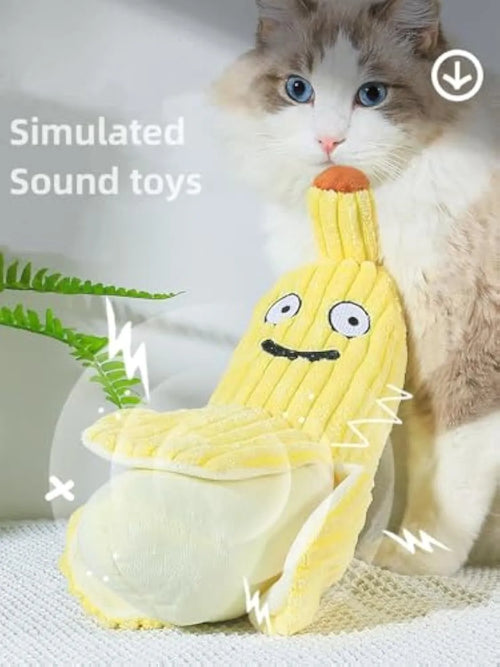 Yellow banana-shaped cat toy with plush fabric, measuring 33cm long